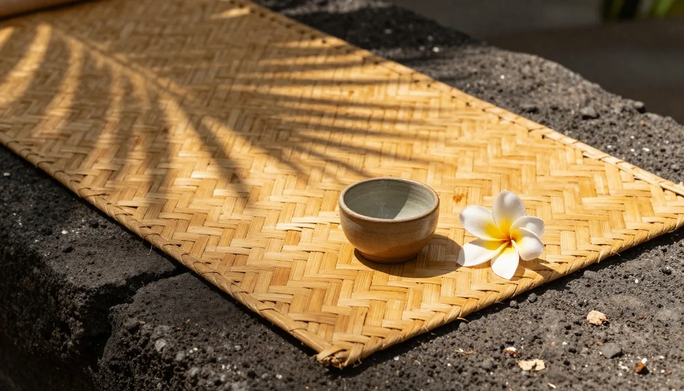 Woven mat and ceramic cup in warm Bali morning light