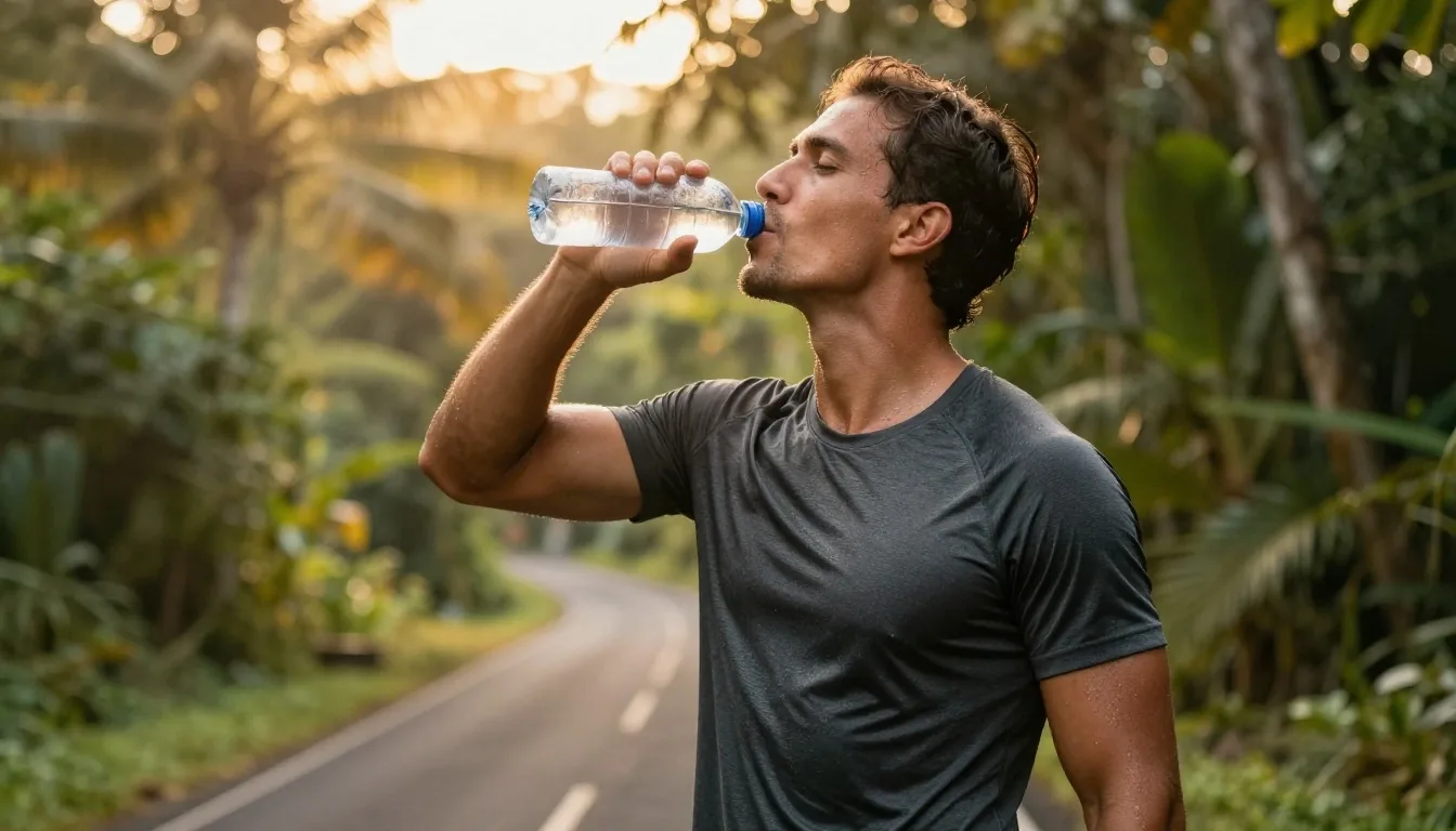 Man hydrating during an outdoor morning run in warm tropical light