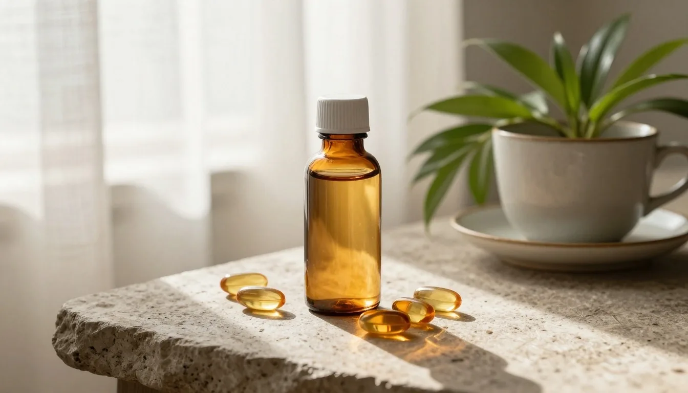 Natural supplement capsules arranged on a stone table in warm morning light