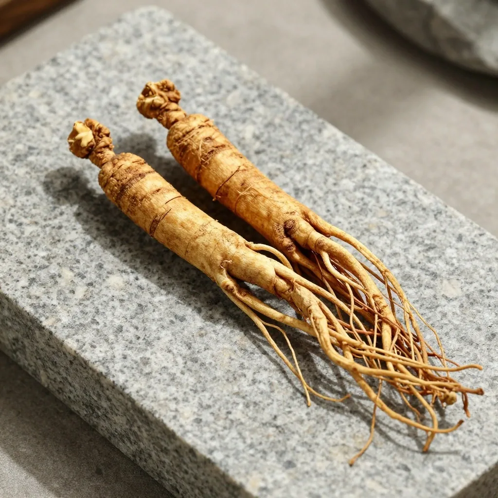 Dried ginseng root on a stone surface