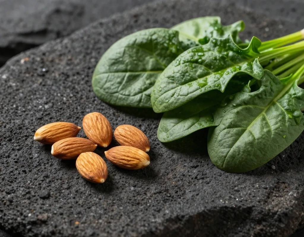 Almonds and spinach on stone