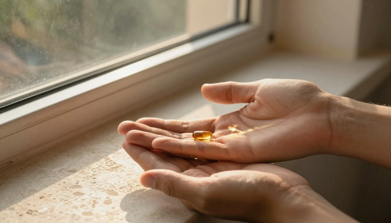 Hands holding a supplement capsule near a window in warm morning light