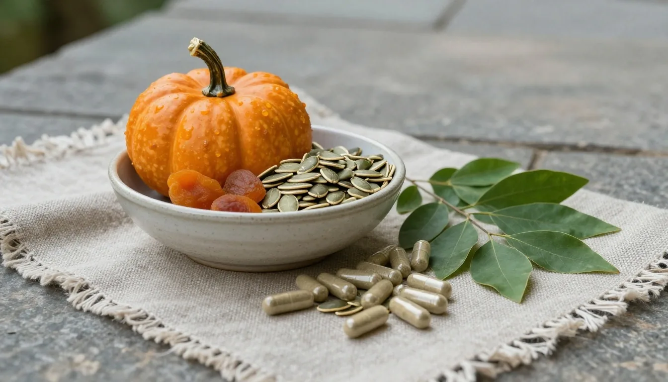 Natural supplement capsules arranged on a warm stone table in morning light