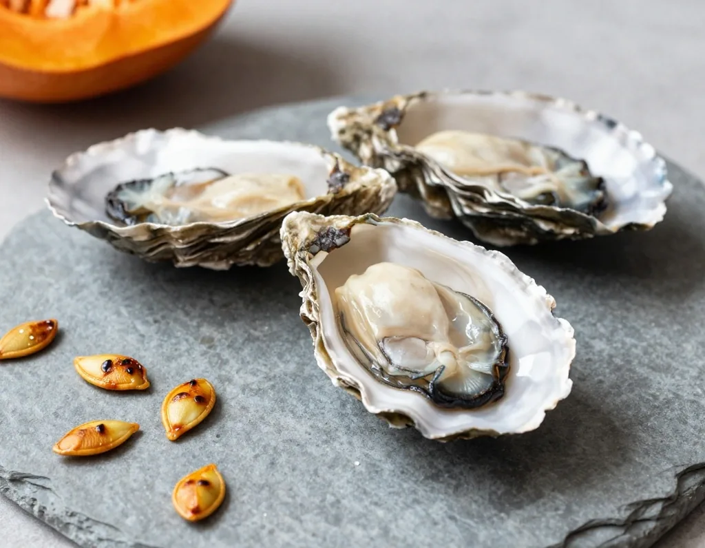 Oysters and pumpkin seeds on stone